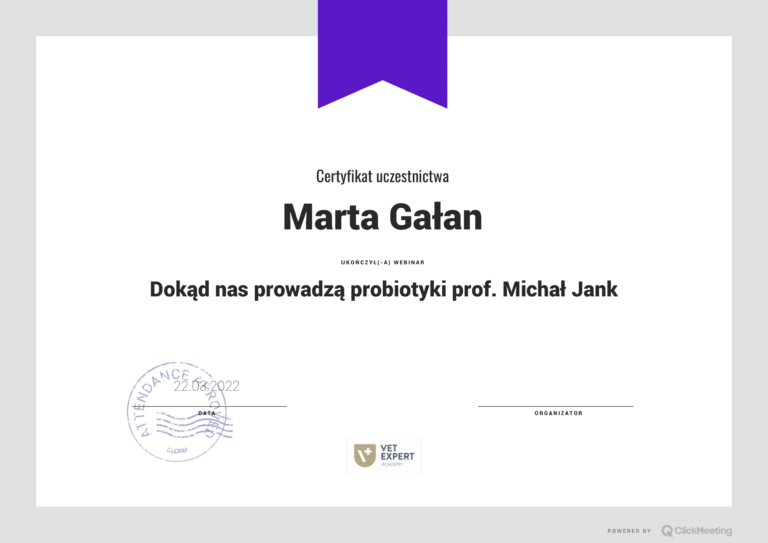 Certyfikat uczestnictwa - Dokąd nas prowadzą probiotyki - prof. Michał Jank