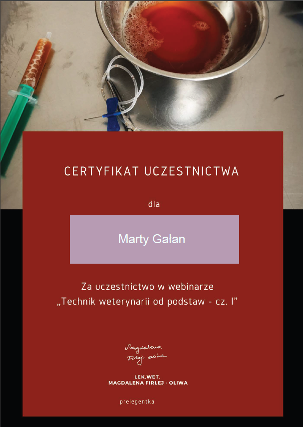 Certyfikat uczestnictwa - Technik weterynarii od podstaw - cz. I
